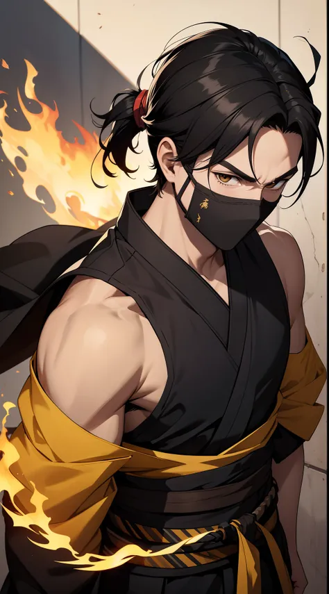 adult guy, short black hair, high ponytail, brown eyes, mask, yellow shinobi kimono, sleeveless, Scorpion, fire, katana, Masterpiece, hiquality, 4k, HD, Good detail