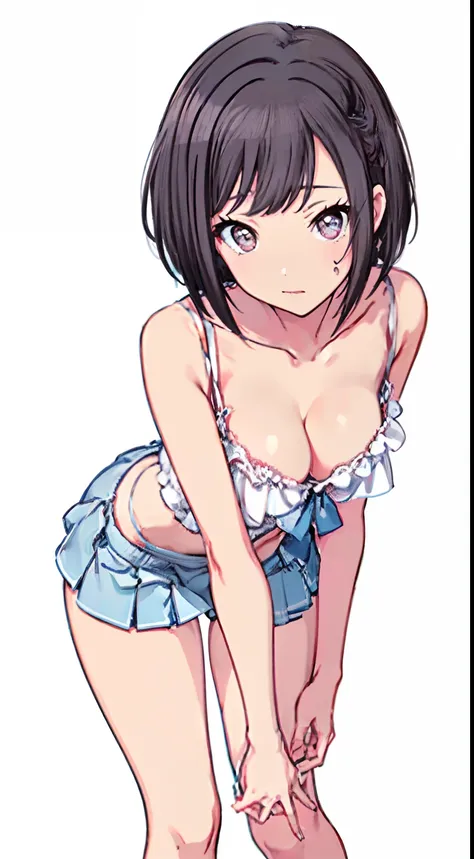 (Light blue camisole　Pull up the skirt to show white panties　The bra is visible　Gravure Pose　Very detailed down to the smallest detail　clear outlines　Beautiful face　Beautiful skin)  thin-waist　A slender　ribbed　skinny limbs　teats　cleavage of the breast　Beau...