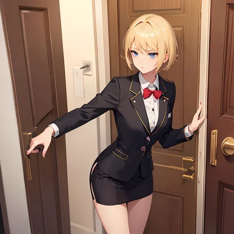 1girll，(short blonde hair:1.6)，Business suit，Skirt that wraps hips，black short socks，Mature and beautiful and sexy，Rich and noble families，In the corridor of the villa，(Knocking on the door:2)，facing away from the audience，seductive, Ultra-detailed CG，Exqu...