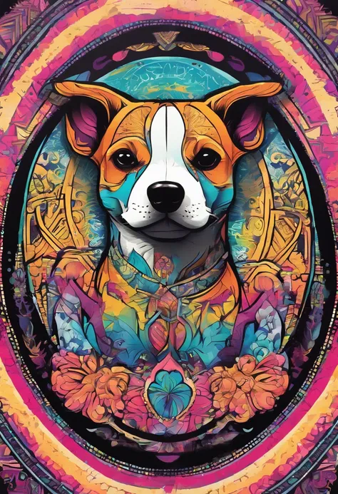 vibrant color drawing of a simple cute dog based mandala