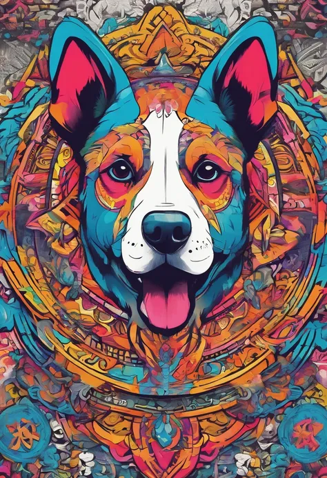 vibrant color drawing of a simple cute dog based mandala