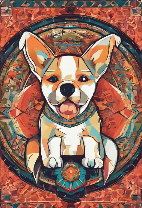 vibrant color drawing of a simple cute dog based mandala