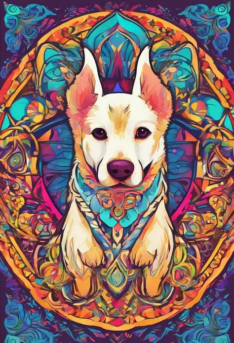 vibrant color drawing of a simple cute dog based mandala