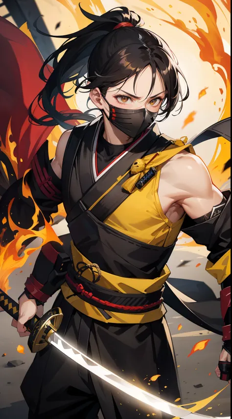 Grown-up guy, short black hair, high ponytail, Brown eyes, mask, Yellow shinobi kimono, Sleeveless, Scorpion, fire, katana, Masterpiece, hiquality, 4k, HD, Good detail