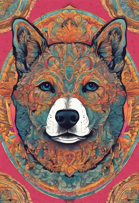 vibrant color drawing of a simple cute dog based mandala