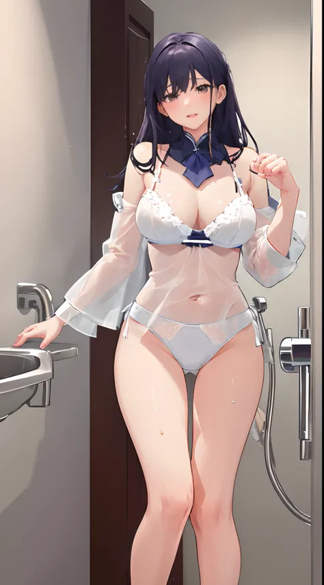 4k高清，1girll, 独奏, She wears white lace lingerie，Exposing thighs,In the bathroom，her chest is very large，Perfect hands，Breast conserving，long whitr hair，Sweaty legs