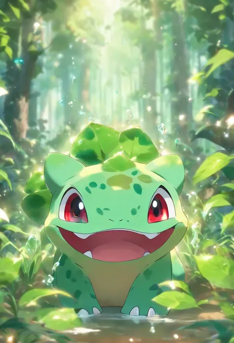 Bulbasaur is training to brush his teeth，Highest image quality，cinematic texture，Super masterpiece，tmasterpiece，In the forest