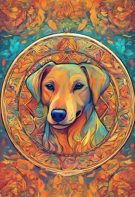 vibrant color drawing of a simple cute dog based mandala