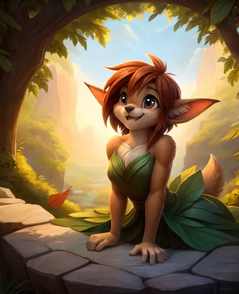 zaush , yakovlev-vad , aoizuri , evomanaphy,,, elora furry, detailed and extremely fluffy body fur, fluff, masterpiece, looking up beautiful surroundings, detailed background, happy, leaf-dress,