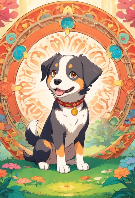 vibrant color drawing of a simple cute dog based mandala