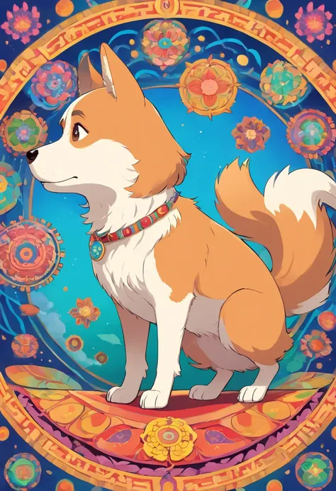 vibrant color drawing of a simple cute dog based mandala