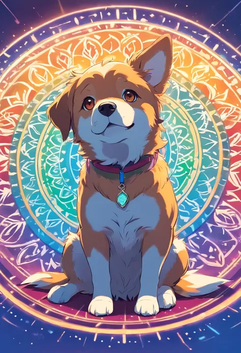 vibrant color drawing of a simple cute dog based mandala