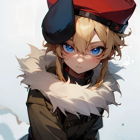 Blue eyes , blonde hair , military outfit with a small red symbol , snowy tundra background , 1male , furry winter hat