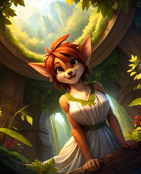 yakovlev-vad,,, elora furry, detailed and extremely fluffy body fur, fluff, masterpiece, looking up beautiful surroundings, detailed background, happy, leaf-dress,