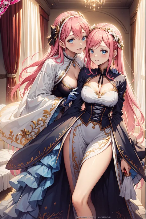 teens girl，Enchanted，Divine happiness，Being in love，(Light Victorian dress)，Pink hair，eBlue eyes，Maximalism，Multiple layers of delicate ruffles，Lots of lace，Multi-color band，Delicate embroidery，Delicate pattern，Fabric headdress，exquisite costumes，transpare...