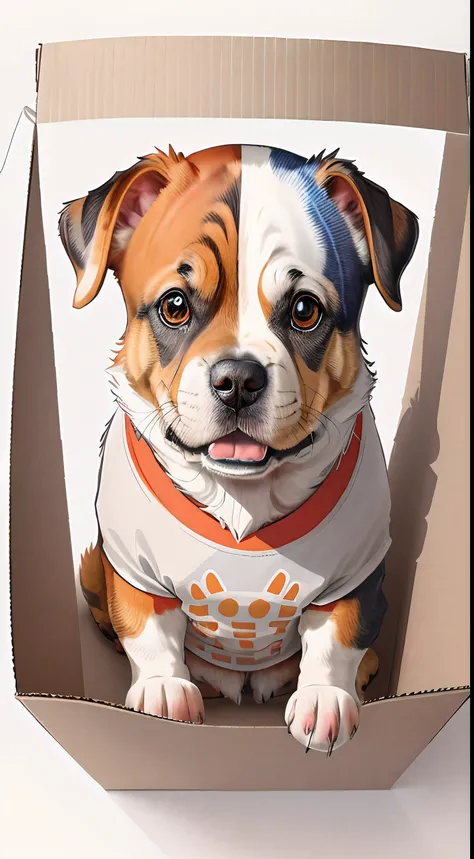 There is a dog sitting in a box with a shirt, painting digital adorable, isometric 3d fantasy cute dog, arte digital detalhada bonito, ultra realistic illustration, realistic illustration, ultrarealistic illustration, hyperrealistic illustration, photoreal...