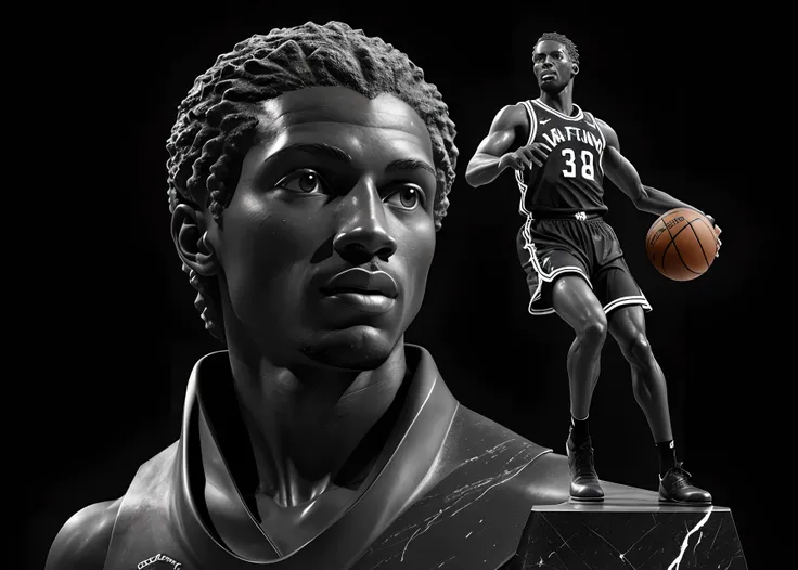 The greatest basketball player in black marble stone statue in high realism in 8k