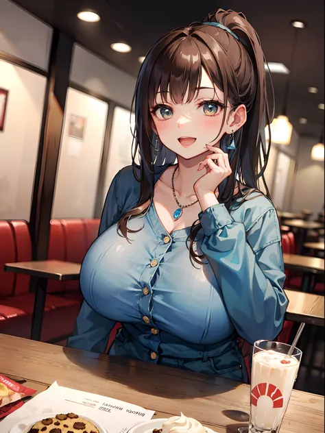 In restaurant, table, ice cream, cookie, candy, milk, restaurant, high resolution, 8k, masterpiece, best quality, 1girl, curl brown hair, ponytail, mature female, cute shirt, jean jacket, earrings, necklace, large breasts, huge breasts, breasts on table, b...