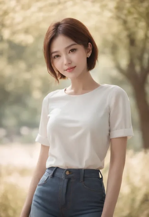 best quality, masterpiece,official art,extremely detailed CG unity 8k wallpaper, artbook, Campus, tall wutong tree, pure girl, short hair, bright smile, tight jeans, white short sleeves, slender straight , small waist, , C cup, profle, soft light, high det...