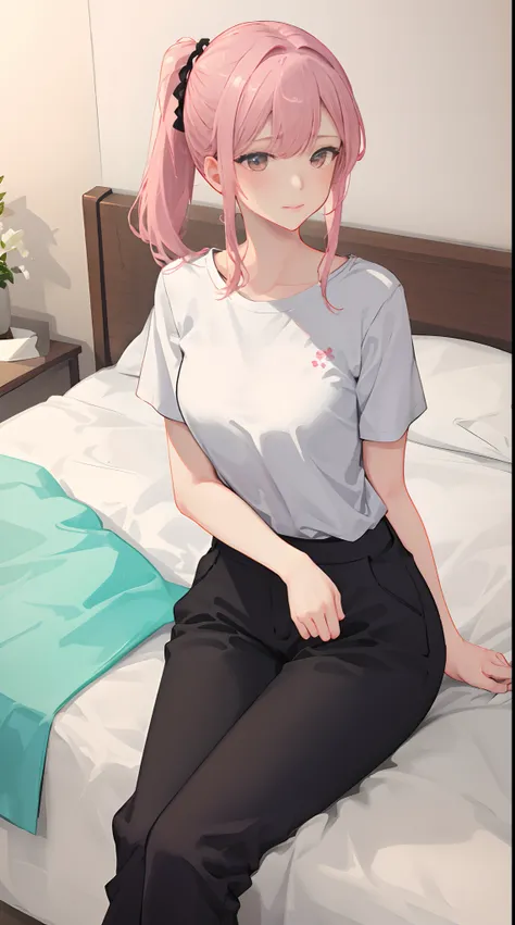 1girll, 独奏, Wear light-colored short sleeves，Wear pink slacks，sit on a bed，The chest is particularly large，Perfect hands，pony tails