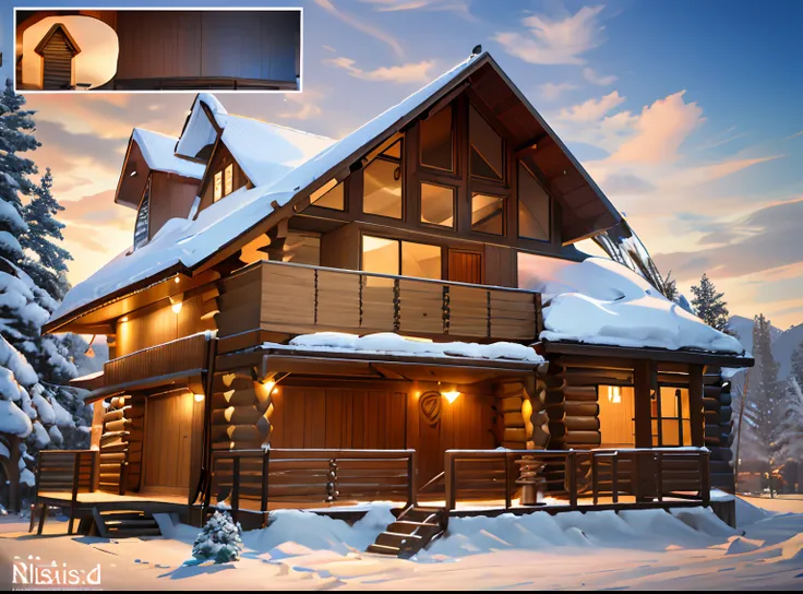 a close up of a house with a porch and a balcony, log cabin, log homes, front elevation view, elevation view, luxurious wooden cottage, front view dramatic, rendering of log pile factory, extremely high detailed, with 3d render, with 3 d render, 3 / 4 view...