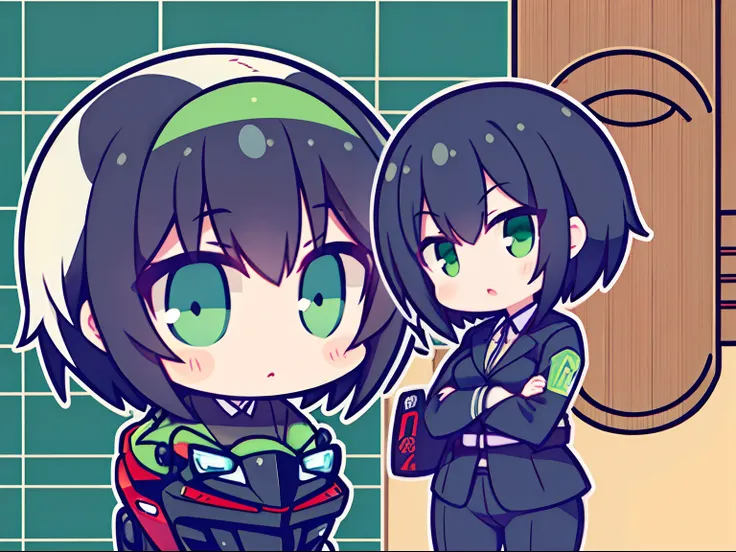 The logo of a Japanese motorcycle customization company should be a girl with short black hair and green eyes wearing a suit