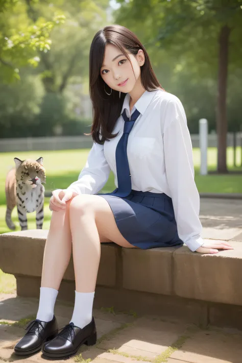 best qualtiy、masutepiece、超A high resolution、(Photorealistic:1.4)、infp young woman、modeled、small head、long legged、Colossal tits、the perfect body、By Michelangelo、ulzzang -6500-v1.1、a park、Cat sledding、(Big cat:1.4)、japanese hight school uniform