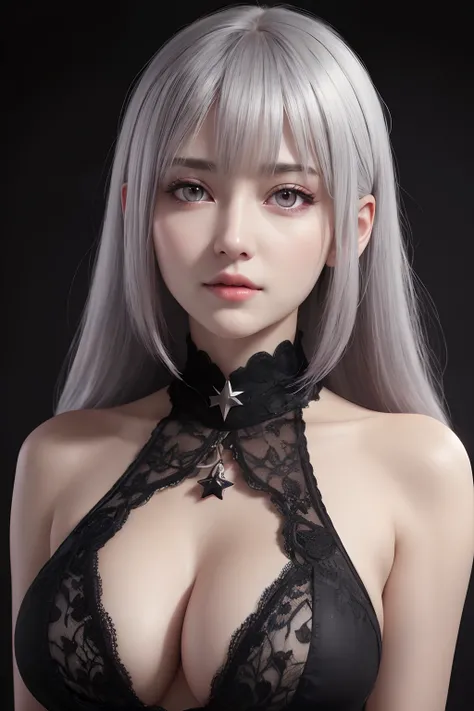 1girl, star eye, blush, perfect illumination, grey hair, bright red eyes, unreal engine, sidelighting, detailed face, bangs, bright skin, simple background, dark background, upon body, realistic big breasts.