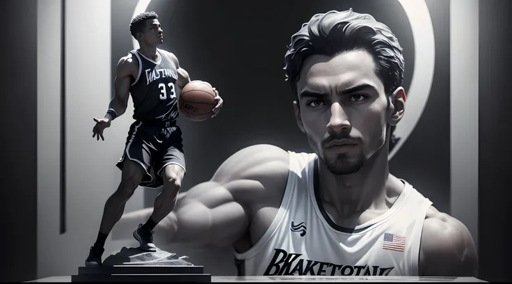 The greatest basketball player in black marble stone statue in high realism in 8k