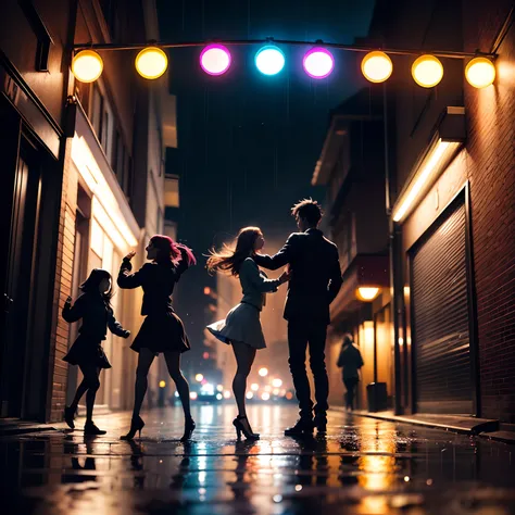 Group of 3 people dancing in the rain, nice face, anime style, dark sky, colorful lights on the street, 4k quality, 9:16,