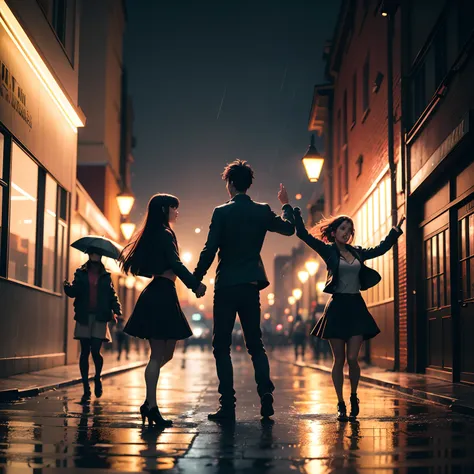 group of 3 people dancing in the rain, nice face, anime style, dark sky, colorful lights on the street, 4k quality, 9:16,