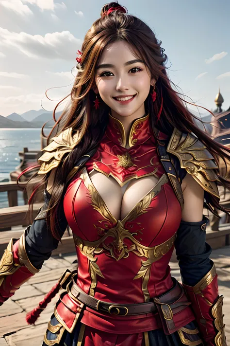 Very beautiful young woman、Longhaire、Highly detailed facial and skin texture、Red Ninja Costume、Black shoulder armor、​masterpiece、top-quality、ultra-detailliert、Photorealsitic、( extremely detailed CG 8k)、Smiling happily