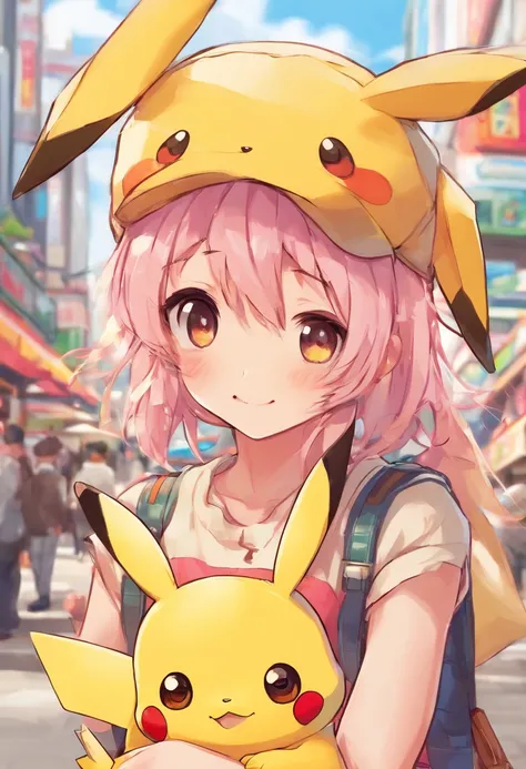 Woman on the fringe playing with Pikachu in Tokyo