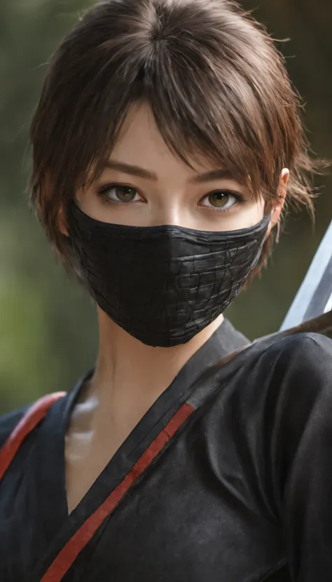 (photorealistic, masutepiece, best quality, raw photo), 1 female ninja, wear a ninja suit, ninja sword gloves, full body esbian,...