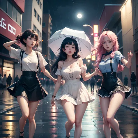 group of 3 people dancing in the rain, anime style, the moon is full and very bright, colorful lights on the street, 4k quality,...