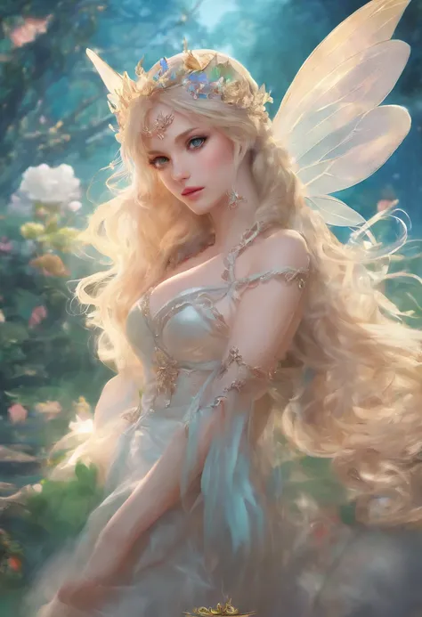 masuter piece, Best Quality, super photo realistic:1.3, Intricate details, Gorgeous blonde fairy woman, (Mint Eyes), Celestine Lucullus, Perfect Anatomy, Perfect face:1.1), ((large full breasts)),(Beautiful udder), White One Piece Uniform, Sharp Focus, ((S...