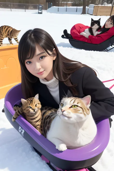 best qualtiy、masutepiece、超A high resolution、(Photorealistic:1.4)、infp young woman、modeled、small head、long legged、Colossal tits、the perfect body、By Michelangelo、ulzzang -6500-v1.1、a park、(Cat sledding:1.3)、(Big cat:1.4)、japanese hight school uniform