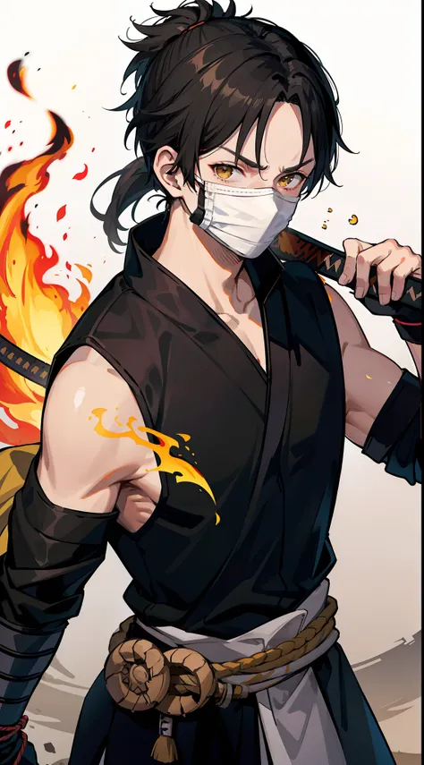 Grown-up guy, short black hair, high ponytail, Brown eyes, mask, Yellow shinobi kimono, Sleeveless, Scorpion, fire, katana, Masterpiece, hiquality, 4k, HD, Good detail