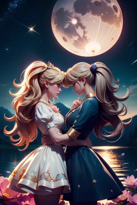 in a panoramic view，wide angles，Real-world realism，4k picture quality，Detailed description，Depiction of demeanor，Detail portrayal，Romantic couple kissing in the wind，Starry night、Cinderellas castle、Castle panorama，large moon、Small clouds、Moonlight、A peacef...