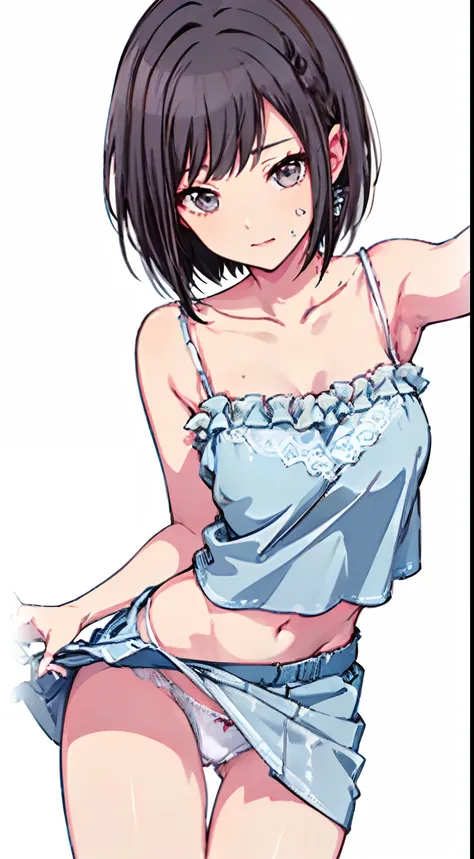 (Light blue camisole　Pull up the skirt to show white panties　The bra is visible　Gravure Pose　Very detailed down to the smallest detail　clear outlines　Beautiful face　Beautiful skin)  thin-waist　A slender　ribbed　skinny limbs　teats　cleavage of the breast　Beau...