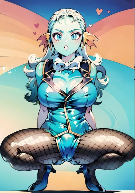 8K, high definition, married, beautiful, bright, eye highlights, sexy, erotic, beautiful line drawing, light blue skin, blue and orange gradient ear fins, bunny girl, bunny suit, net tights on legs, rainbow colored bunny girl, shiny outfit, blue skin, jet ...