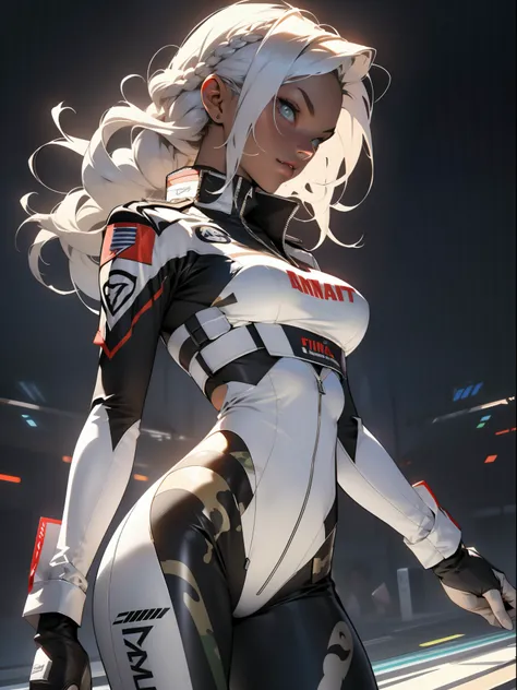 ((Best quality)), ((Masterpiece)), (Detailed: 1.4), (Absurde), A female fighter pilot ready for war in a military bikini, marin, dark skinned, slim body defined, corps entier, Cuisses nues, mouth closed,  Cyberpunk, half-naked, generous neckline, ((Perfect...