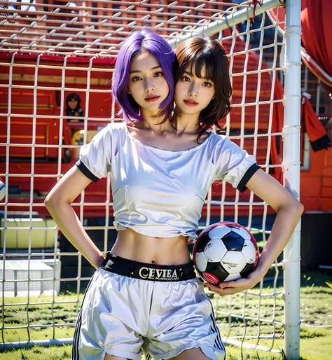 best resolution, girl with two heads, different hair colors, purple hair, brown hair, soccer uniform, holding soccerball, soccer goalpost background