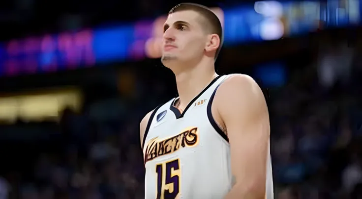 Jogador de basquete com uniforme do Los Angeles Lakers, Nikola Jokic como o Coringa, macguire is a tall, rosto claro, Hes in shock, foco no centro, Marvano, is high, Hibited, with a sad expression, his palms are sweaty, basil gogos, he is floundering.