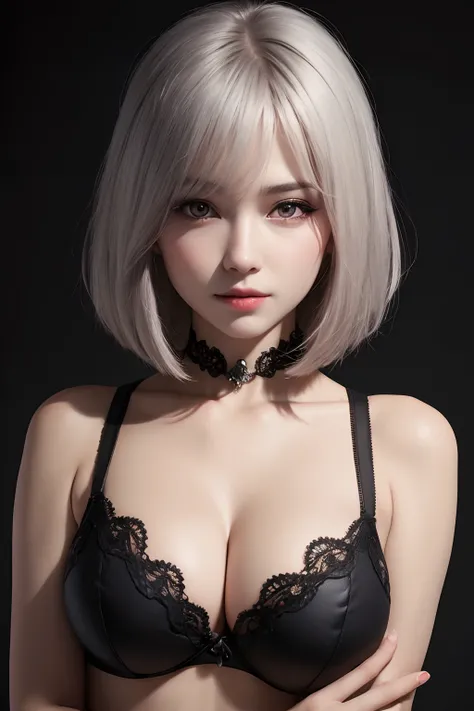 1girl, star eye, blush, perfect illumination, grey hair, red bright eyes, unreal engine, sidelighting, detailed face, bangs, bright skin, simple background, dark background, upon body, realistic big breasts.