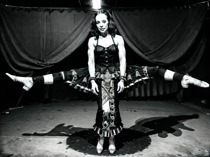 top-quality,ultra-detailliert,​masterpiece,realisitic,Photo Real, (freakshow performer, circus of freaks),creepy, horror ambiance, ((full body shot)), black and white photo