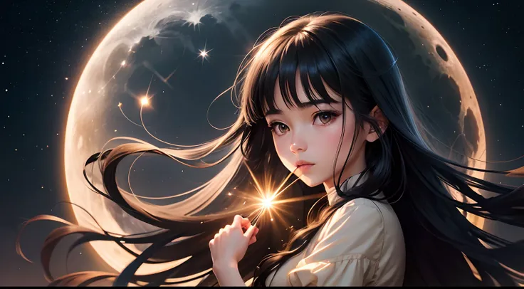 Silhouette shooting star of a woman with long black hair looking at the moonlit night wearing Ghibli-style beige short-sleeved clothes