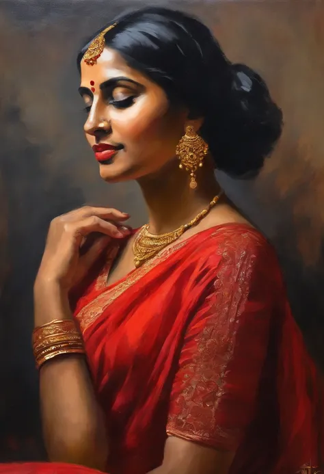 (Red saree,  black necktie), tie Hair Hair, black  hair, very detail, ((tmasterpiece, great quality)), a 1girl,, close up face, bust, south Indian young girl face,