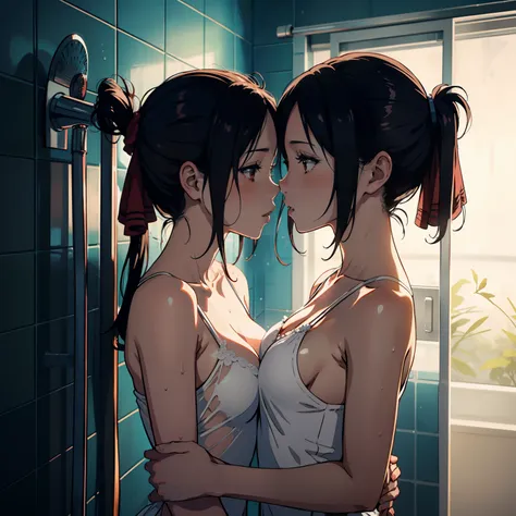 two women kissing passionately inside the shower, are wet, clavados contra una pared, abrazar fuerte, muy apasionado, kaguya shi...