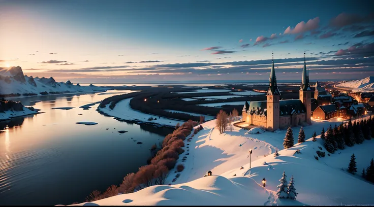 Stockholm, a historical medieval town in land covered by snow with Sweden style, some wooden buildings and wooden church, coastal, next to Baltic Sea with ice floating and at estuary of 1River, scattered channels in the town, small and vulgar and diversifi...